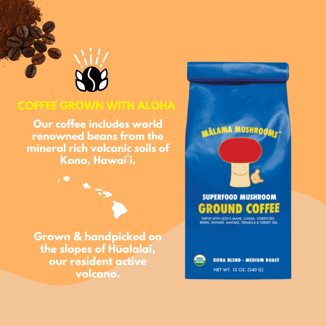Organic Ground Mushroom Coffee by Malama | 8-Mushroom Superfood Blend with Lion’s Mane, Reishi, Cordyceps for Focus & Immune Support | Low Acid, Smooth Bold Flavor, Adaptogenic Energy | 12oz Bag