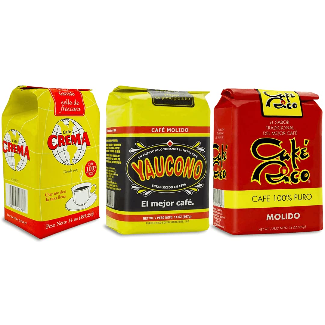Yaucono, Cafe Crema, and Cafe Rico Ground Coffee from Puerto Rico Variety, 14 Ounce (Pack of 3)