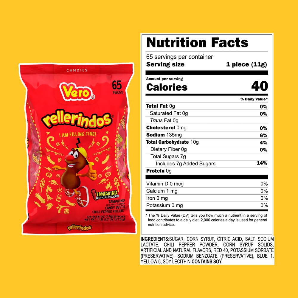 Vero Rellerindos - Tamarind Flavor Hard Candy (65 Units) - Authentic Mexican Candy, Individually Wrapped Hard Candy Pack Perfect for Parties, Piñatas, and Snacks