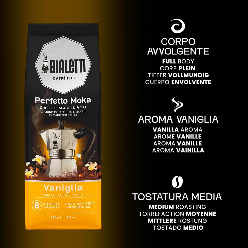 Bialetti - Perfetto Moka Vaniglia: Medium Roasting Ground Coffee, Vanilla Aroma, 8.8 Oz - 250g, Bag with Flavour-Saving Valve