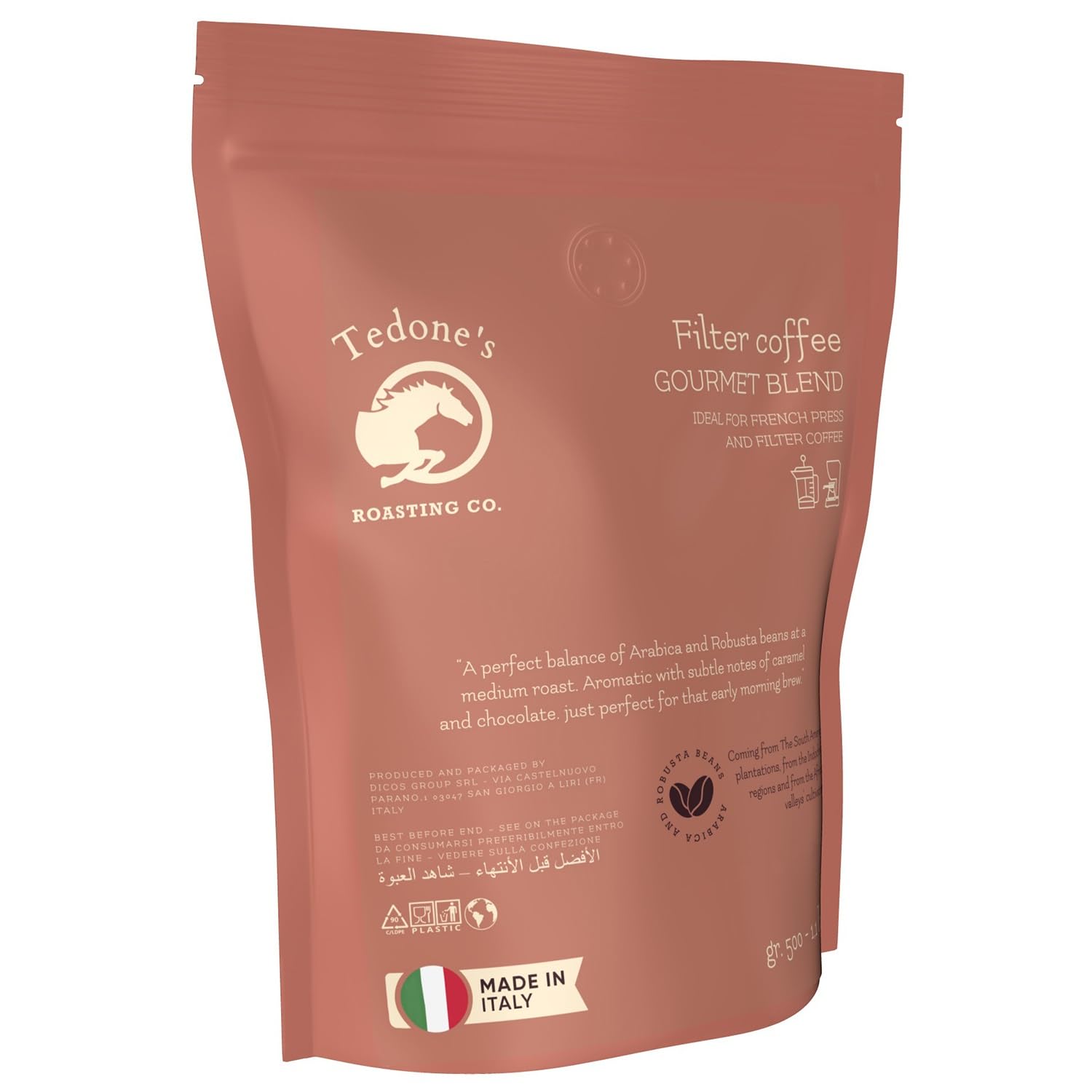Tedone's Ground Coffee Medium Roast - Rich Italian Roast Flavor Gourmet Coffee, Coarse Ground Coffee for French Press 18 oz