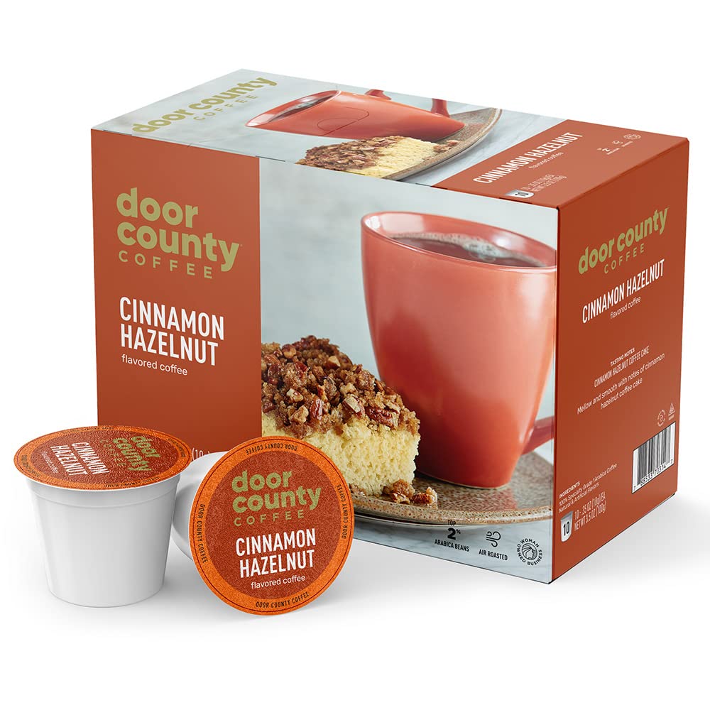 Door County Coffee Cinnamon Hazelnut Flavored Ground | 10 Count Single Serve Cups | Medium Roast | 100% Specialty Arabica | Flavored Gourmet | Cinnamon Hazelnut