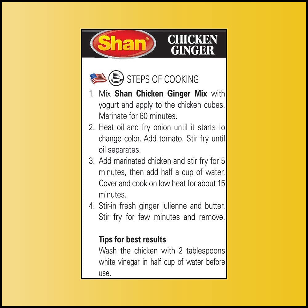 Shan Chicken Ginger Recipe and Seasoning Mix 1.76 oz (50g) - Spice Powder for Tender Chicken in Ginger Sauce - Suitable for Vegetarians - Airtight Bag in a Box