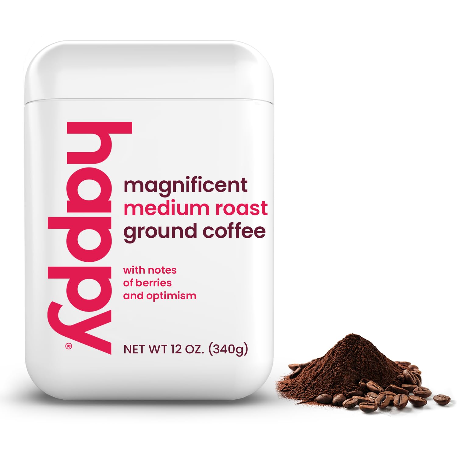 happy coffee medium roast ground coffee, 12 oz., notes of berries & optimism, recyclable container, grown & harvested in Brazil & Colombia, raíz sustainability verified