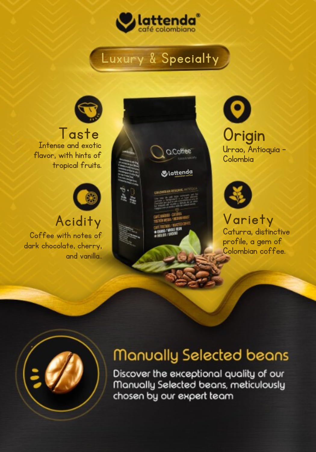 Lattenda Q.coffee Gran Reserva Specialty Coffee 340g - Authentic Colombian Ground Coffee for Gourmet Delight