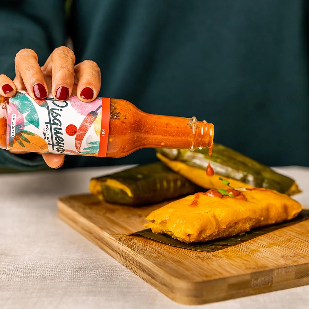 PISQUEYA Hot Sauce - Gourmet Hot Like Fuego with Caribbean Scotch Bonnet Peppers - Plant Based, No Sugar, Low Sodium, Gluten Free - You Can Really Taste the Peppers - 5 oz.