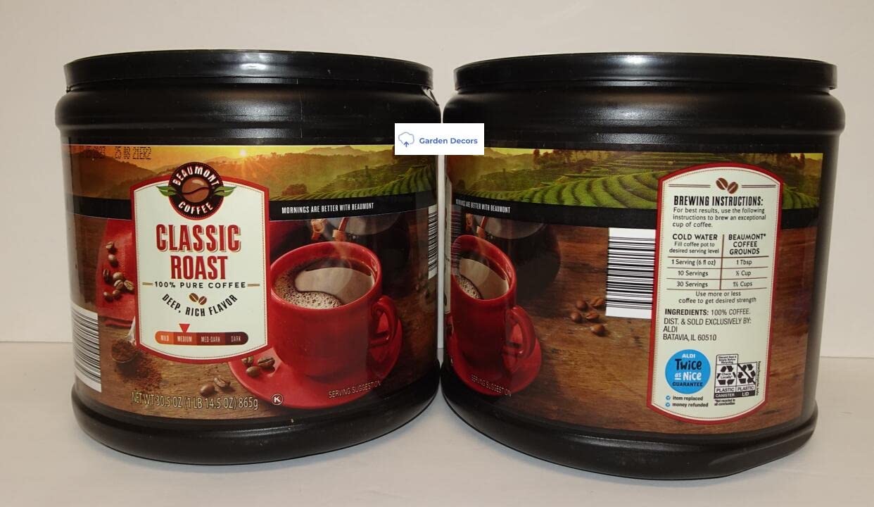 Beaumont Coffee Classic Medium Roast 100% Pure Coffee Deep Rich Flavor 30.5oz 865g (Two Tubs)