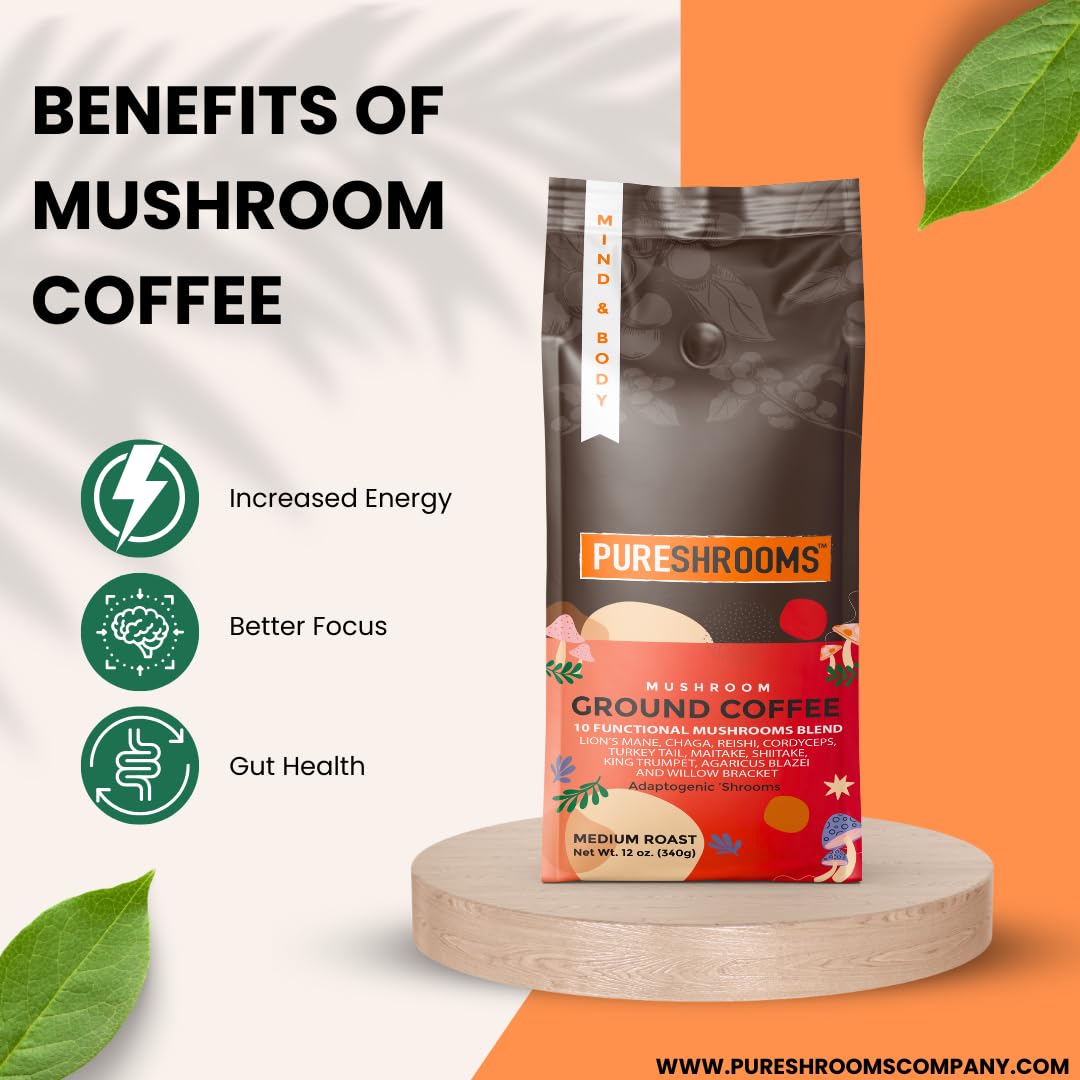 Mushroom Ground Coffee w/ 10 Organic Mushroom Extracts - King Trumpet, Agaricus Blazei, Willow Bracket, Lion's Mane, Chaga, Reishi, Cordyceps, Turkey Tail, Maitake, Shiitake 340g (Perfect 10)
