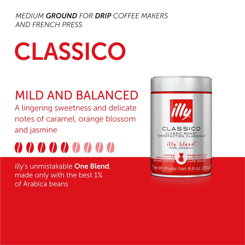 Illy Ground Drip Coffee - Classico Medium Roast - Mild & Balanced - 100% Arabica - Pre-Ground for Drip Pour Over - Pressurized Packaging Sealed for Freshness - 8.8oz (Pack of 6)