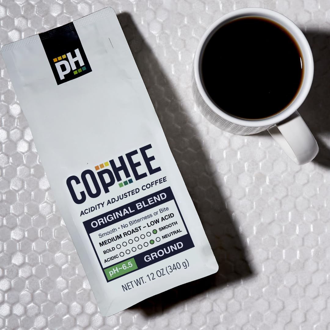 pH Adjusted Coffee by COpHEE - Ground Medium Roast - Smooth Non-GMO Arabica - Acid Neutralizing Electrolytes for Sensitive Stomachs, Acid Reflux, and Heartburn ~pH 6.5-32 oz Original Blend