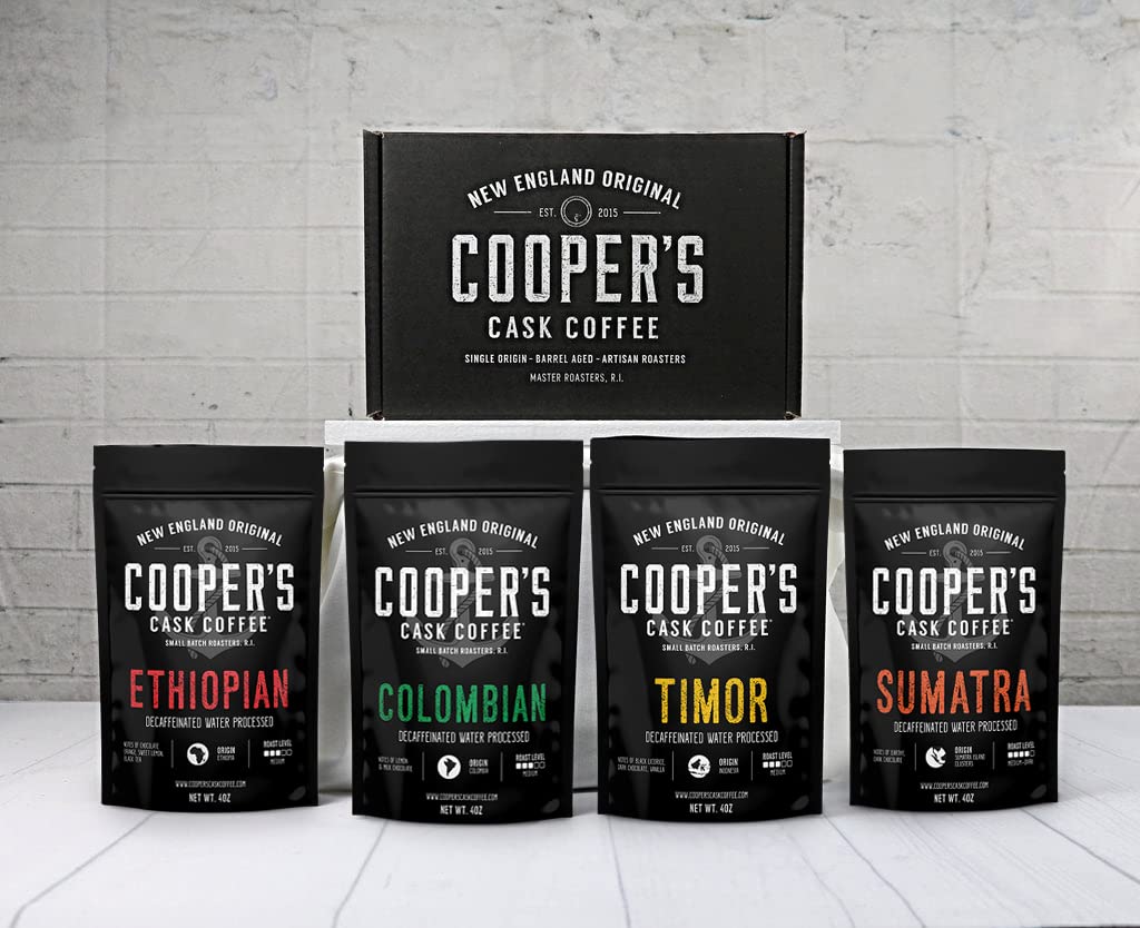 Decaffeinated Gourmet Coffee Sampler Gift Box Set - Whole Beans - 4-Pack - 4oz, Organic Ethiopian Decaf Swiss Water Processed SWP - Whole Bean Coffee - 12oz and Decaf Costa Rican Coffee Medium Roast