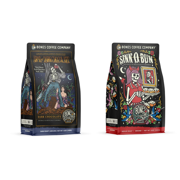 Bones Coffee Company Army of the Dark Chocolate and Sinn-O-Bunn Flavored Ground Coffee Beans Bundle | 12 oz Medium Roast Arabica Low Acid Coffee (Ground)