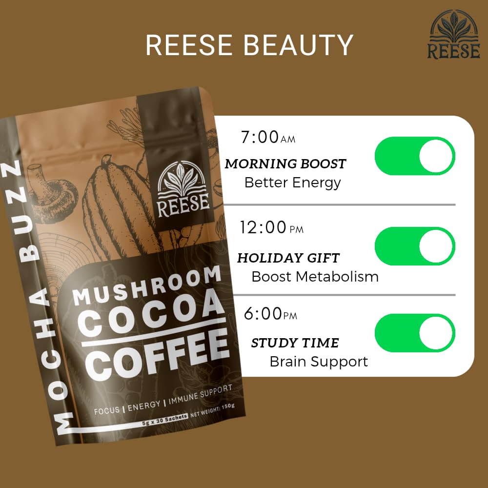 Organic Mushroom Cocoa Coffee - Increases Focus & Energy for Health-Conscious Drinkers - Mocha Buzz, Laxative Free - 30 Packets