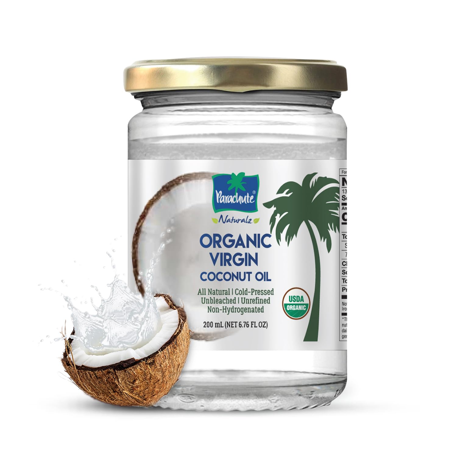 Parachute Naturalz Virgin Coconut Oil | 100% Organic Cooking Oil, Hair Oil and Body Oil | Cold Pressed | USDA Certified |16 Fl. Oz | Glass Jar