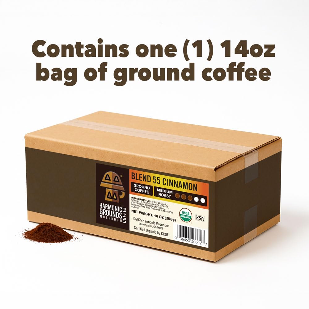 Harmonic Grounds Organic Cinnamon Medium Roast Mushroom Coffee | Organic Ground Coffee with Functional Mushrooms | Lion’s Mane, Reishi, Chaga, Cordyceps, Turkey Tail | Fruiting Body Only | 14 oz Bag