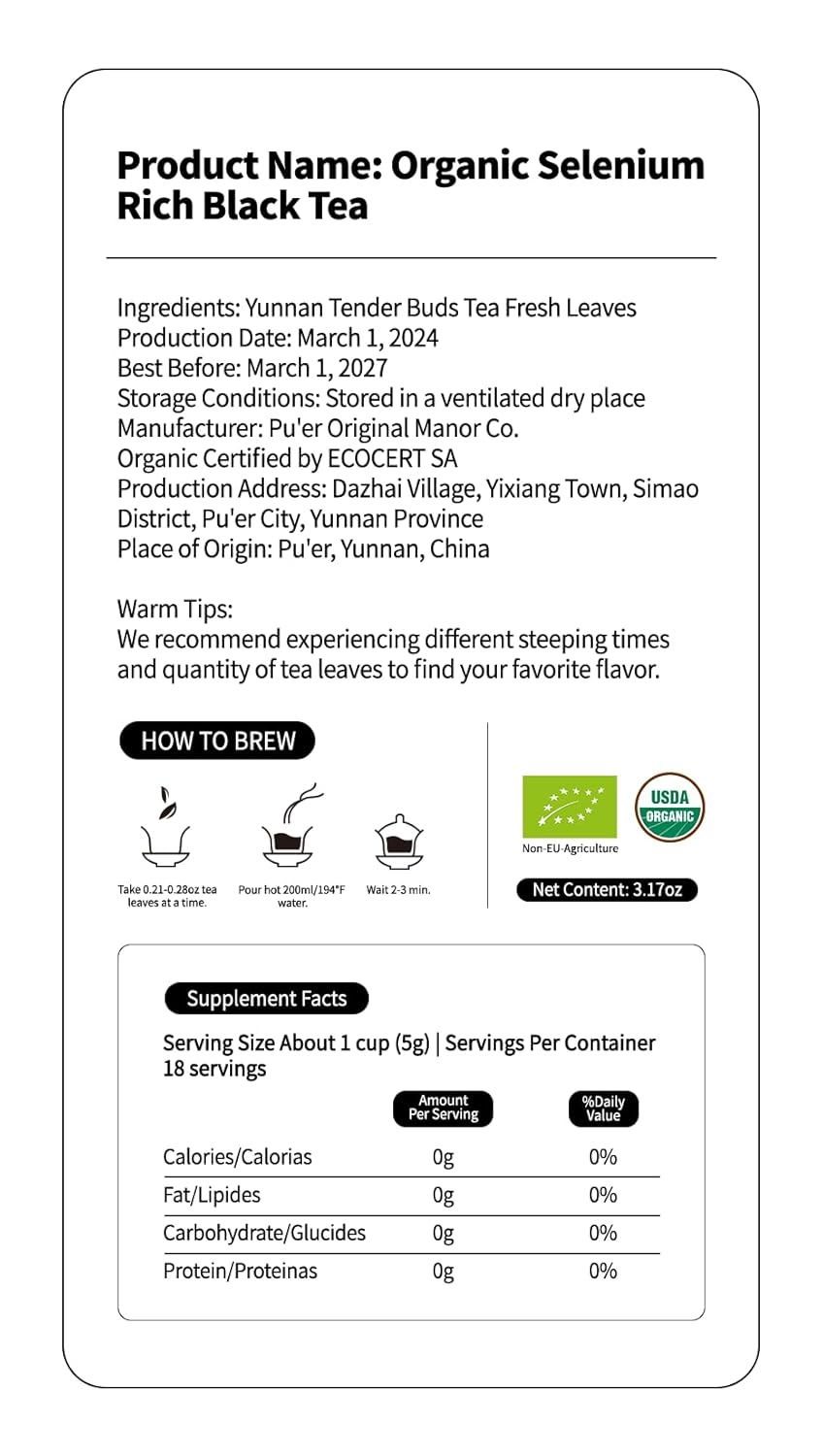 KHS Organic Silver Needle White Tea Grade AAA 70g, Organic Selenium Tea 90g, USDA Certified Chinese Yunnan White Tea Loose Leaf, No Dust Production Workshop