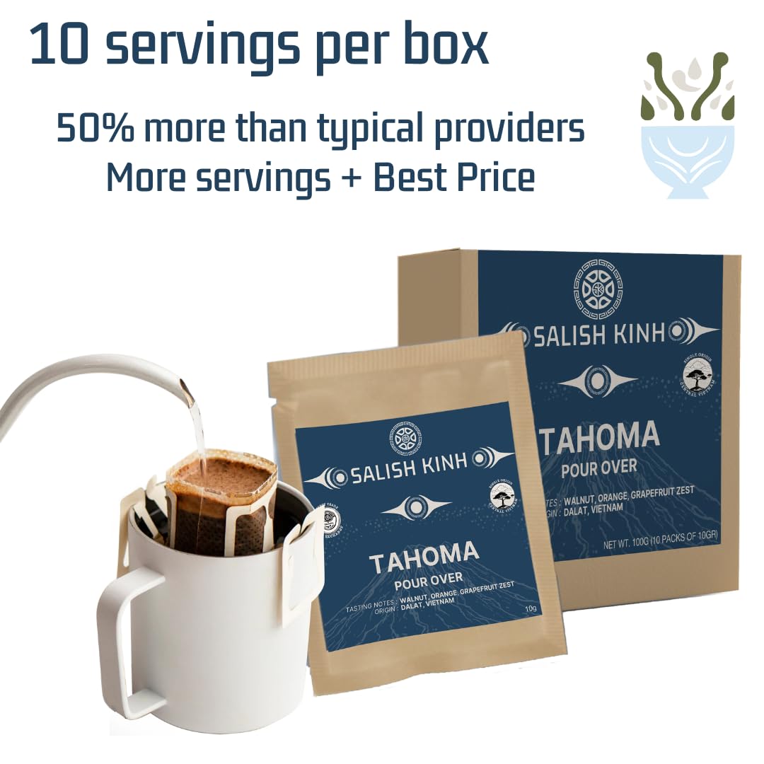 Salish Kinh Premium Pour Over Single-Serve Vietnamese Coffee | Tahoma | Medium Roast | Includes 10 Coffees | Single Origin | Direct Trade | Instant Coffee | 100% Indigenous Produced
