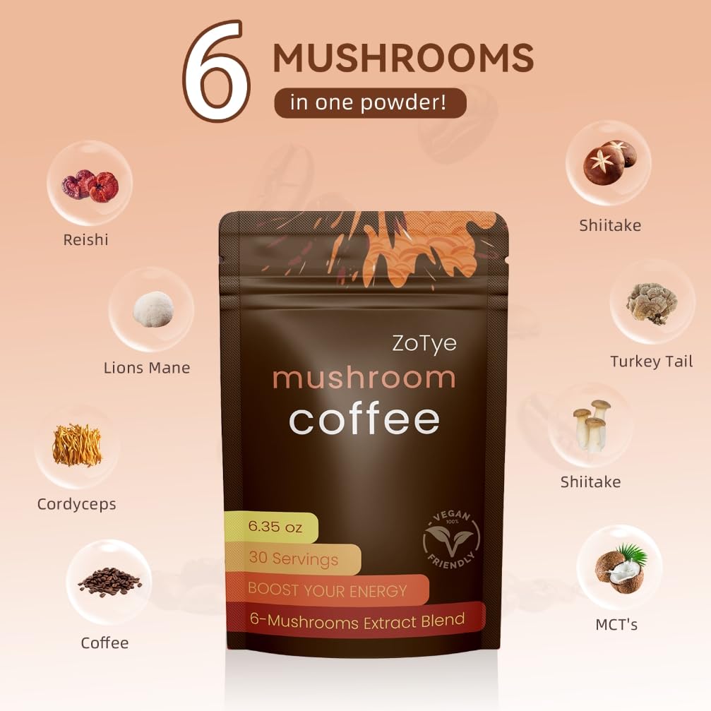 Zotye Mushroom Coffee, 30 Servings, 6.35 oz, Boost Your Energy