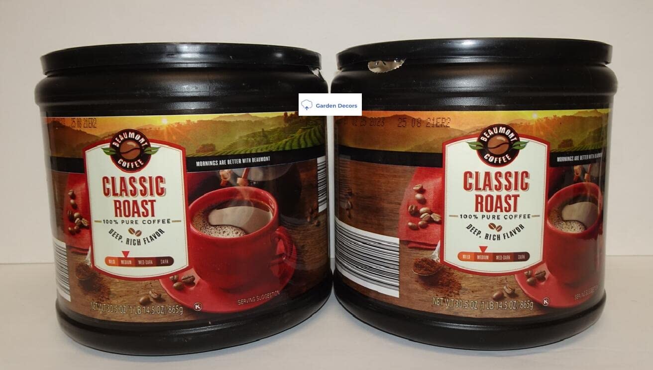 Beaumont Coffee Classic Medium Roast 100% Pure Coffee Deep Rich Flavor 30.5oz 865g (Two Tubs)