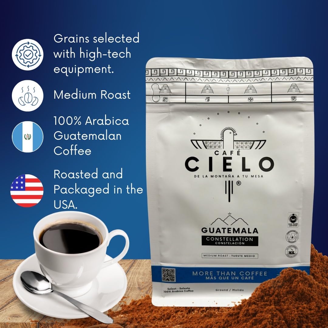 Café Cielo Blend Constellation, The Coffee from Guatemala, 100% Guatemalan Arabica Coffee, Artisanal Cultivation Single Estate Coffee. (Ground, 340g/12 oz), enriched with notes of chocolate, walnut and lemon.