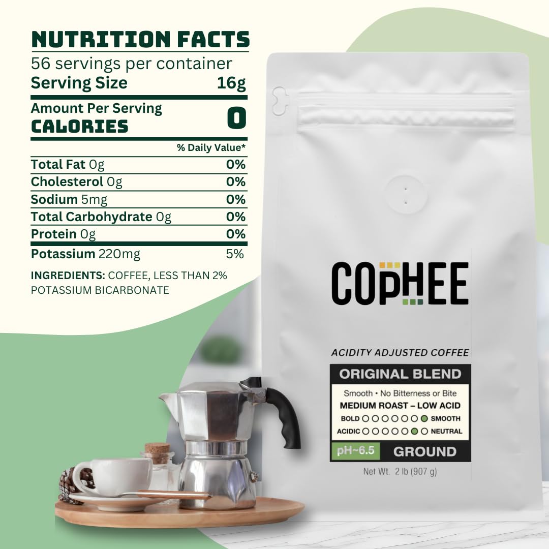 pH Adjusted Coffee by COpHEE - Ground Medium Roast - Smooth Non-GMO Arabica - Acid Neutralizing Electrolytes for Sensitive Stomachs, Acid Reflux, and Heartburn ~pH 6.5-32 oz Original Blend