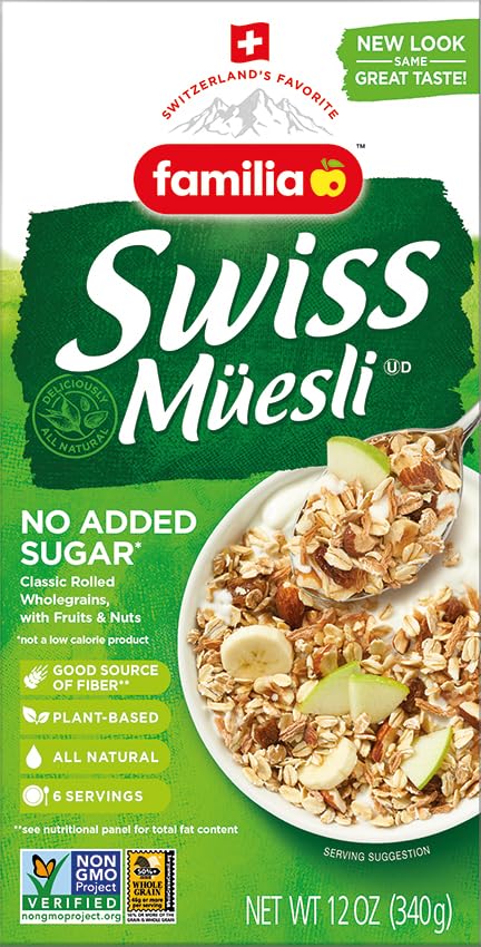 Familia Swiss Muesli Cereal, 0g Added Sugar, Energy-Packed Cereal with Raisins, Hazelnuts and Almonds, 12 Ounce Box (Pack of 6)