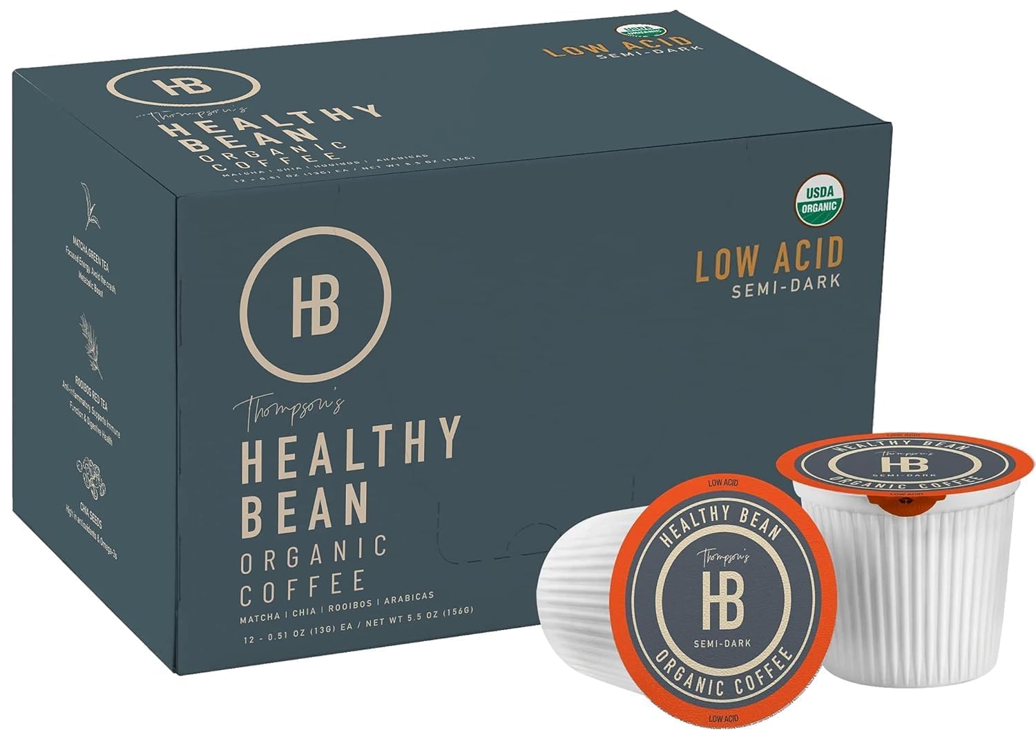 Healthy Bean Coffee Thrive Morning Blend - Organic Ground Coffee Medium Roast 11 oz and Low Acid Coffee Pods -Semi-Dark Roast, 12 Pack