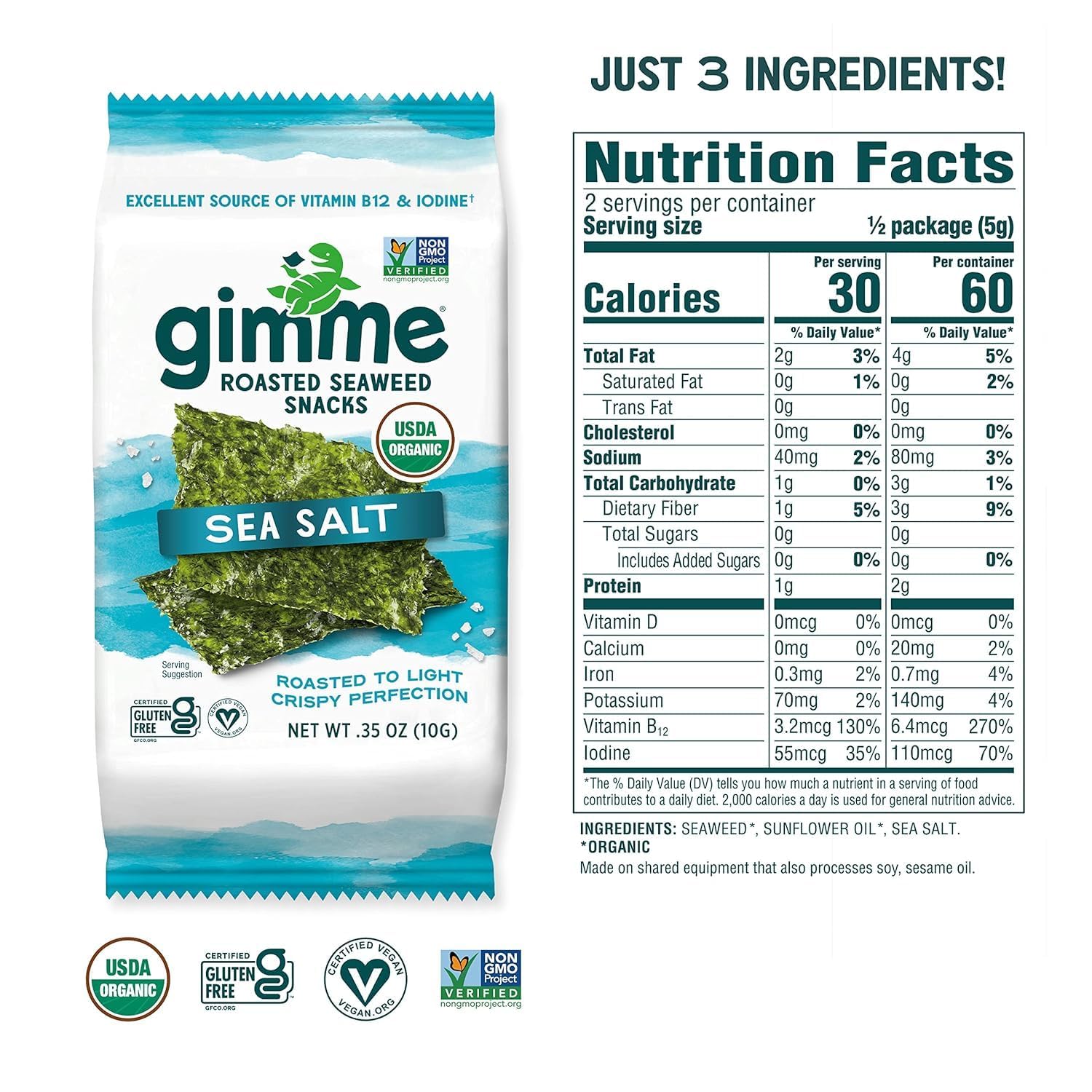 Gimme Seaweed Organic Premium Roasted Seaweed Snacks, Sea Salt, 10g Sharing Pack (Single) Keto, Vegan, Gluten-Free, Great Source of Omega 3s and Iodine, Healthy On-The-Go Snack for Kids and Adults