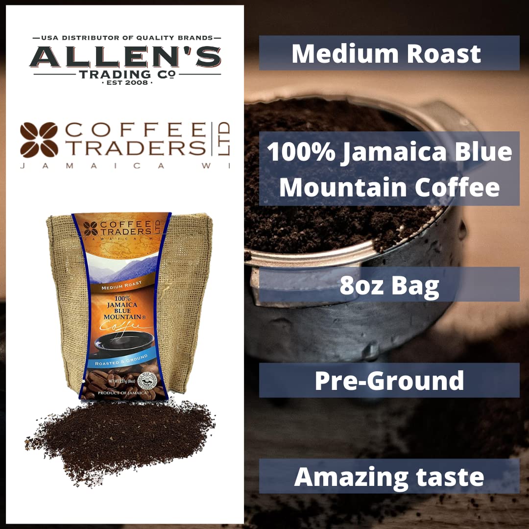 Coffee Traders One-hundred Percent Jamaica Blue Mountain Coffee with Certificate of Origin, Medium Roasted and Ground, 8 Ounce Bag