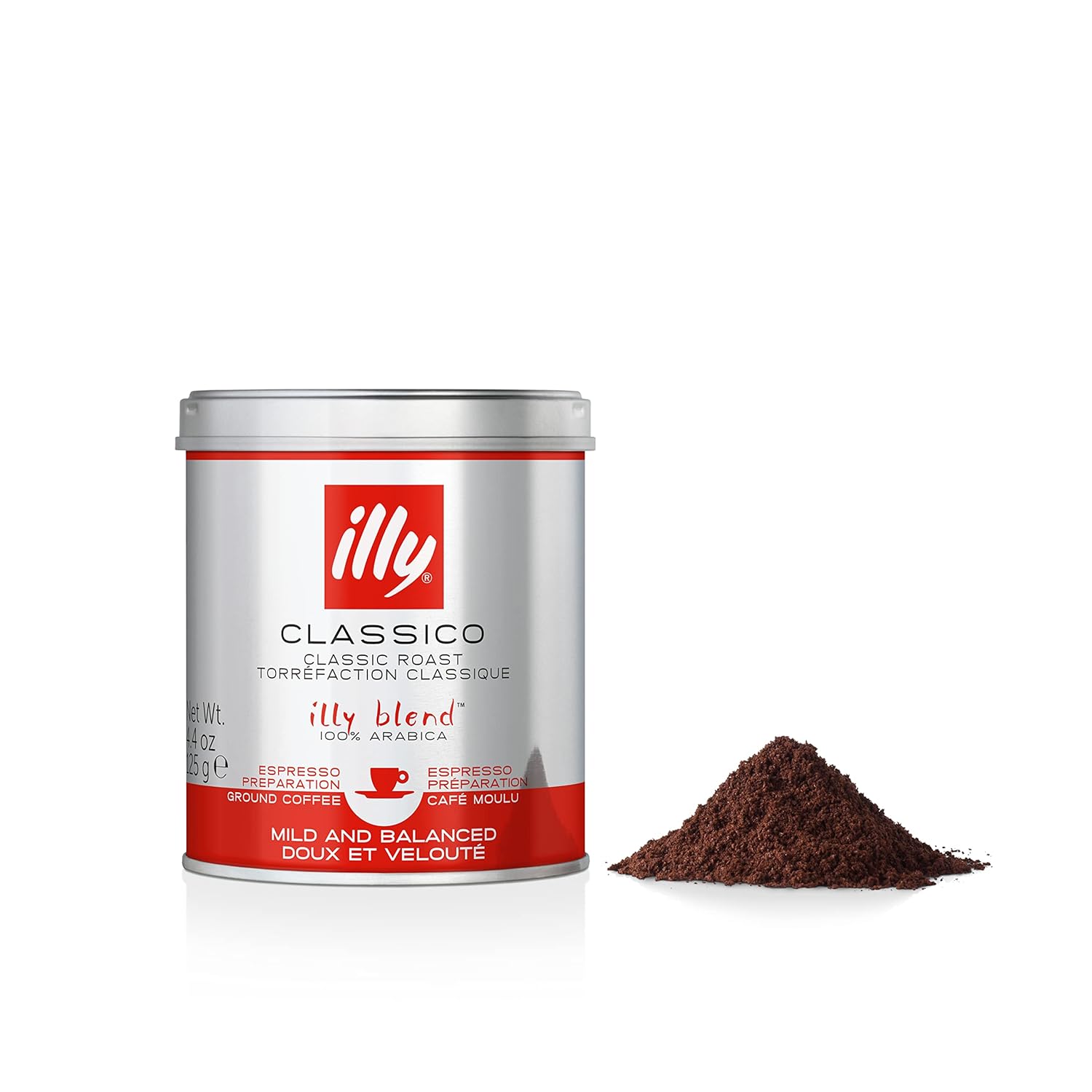 illy Ground Coffee Espresso - 100% Arabica Coffee Ground – Classico Medium Roast - Notes of Caramel, Orange Blossom & Jasmine - Rich Aromatic Profile - No Preservatives – 4.4 Ounce, 12 Pack