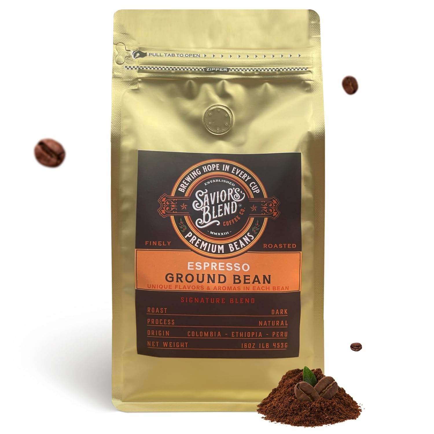 Savior's Blend Coffee Premium Espresso Ground Coffee, Dark Roast, Colombian-Ethiopian-Peruvian Blend, 16 oz