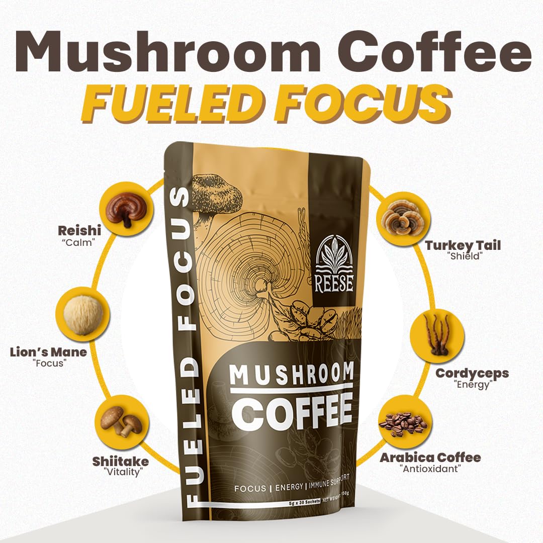 Organic Mushroom Coffee - Fueled Focus with Reishi, Lion’s Mane, Cordyceps, and Turkey Tail – Stress Relief, Brain Health, Energy and Vitality - For Health-Conscious Coffee Drinkers - 30 Sachets