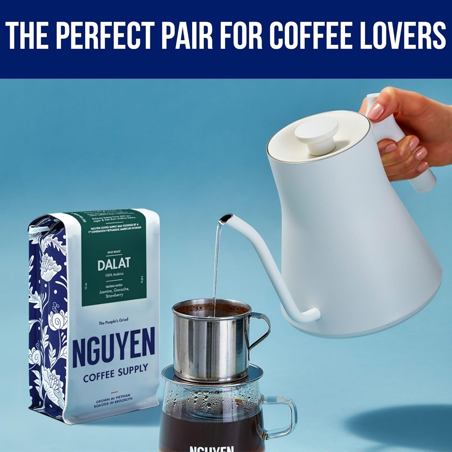 Nguyen Coffee Supply - Dalat Arabica Coffee and Stainless Steel 4oz Phin Filter Gift Set: Dark Roast Premium Ground Coffee [12oz Bag + 1 Filter]