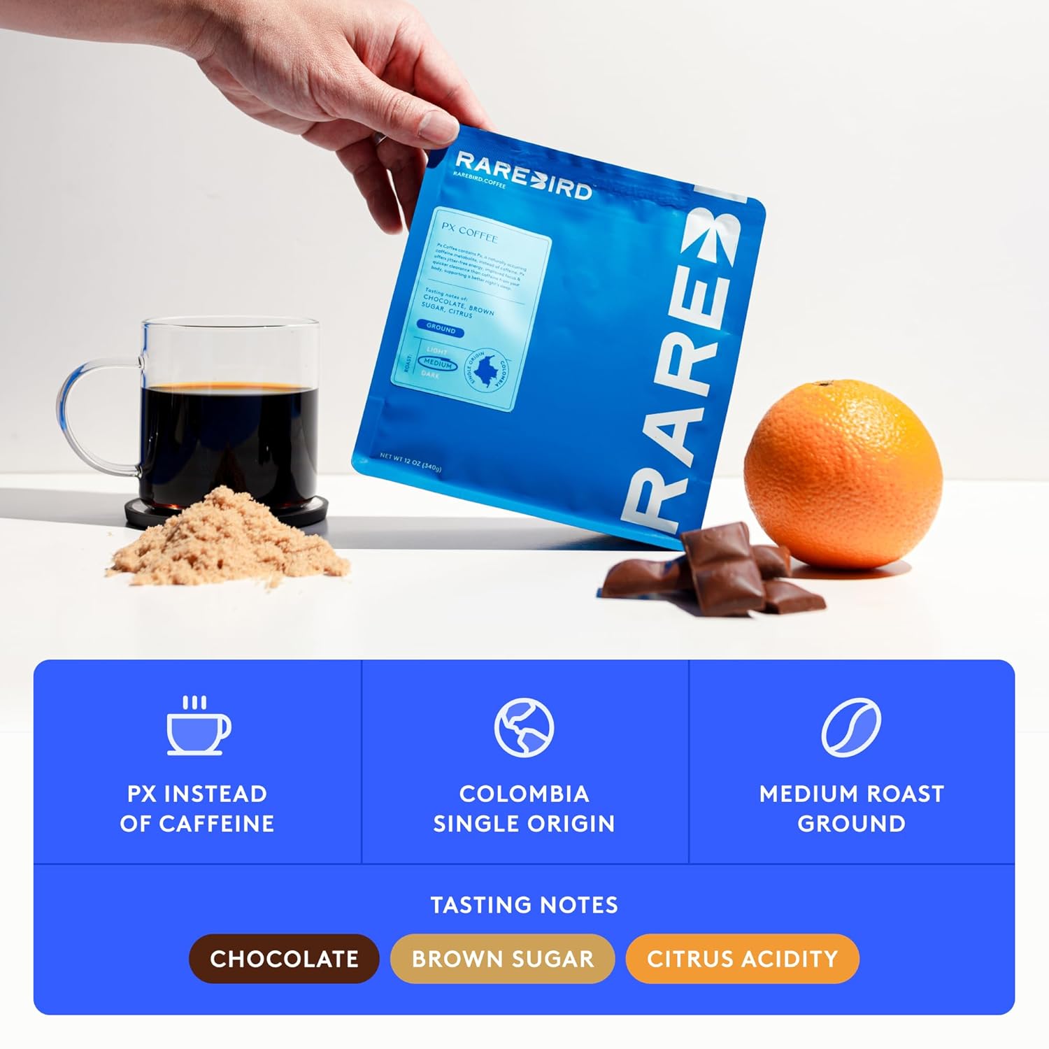 Px Coffee by Rarebird – Award-Winning Medium Roast | Low-Acid Single-Origin Decaf with Paraxanthine | Clean Energy & Focus | Better Sleep, Cortisol Detox & Fat Burn | Nootropic | Ground 12oz (56 Cups)