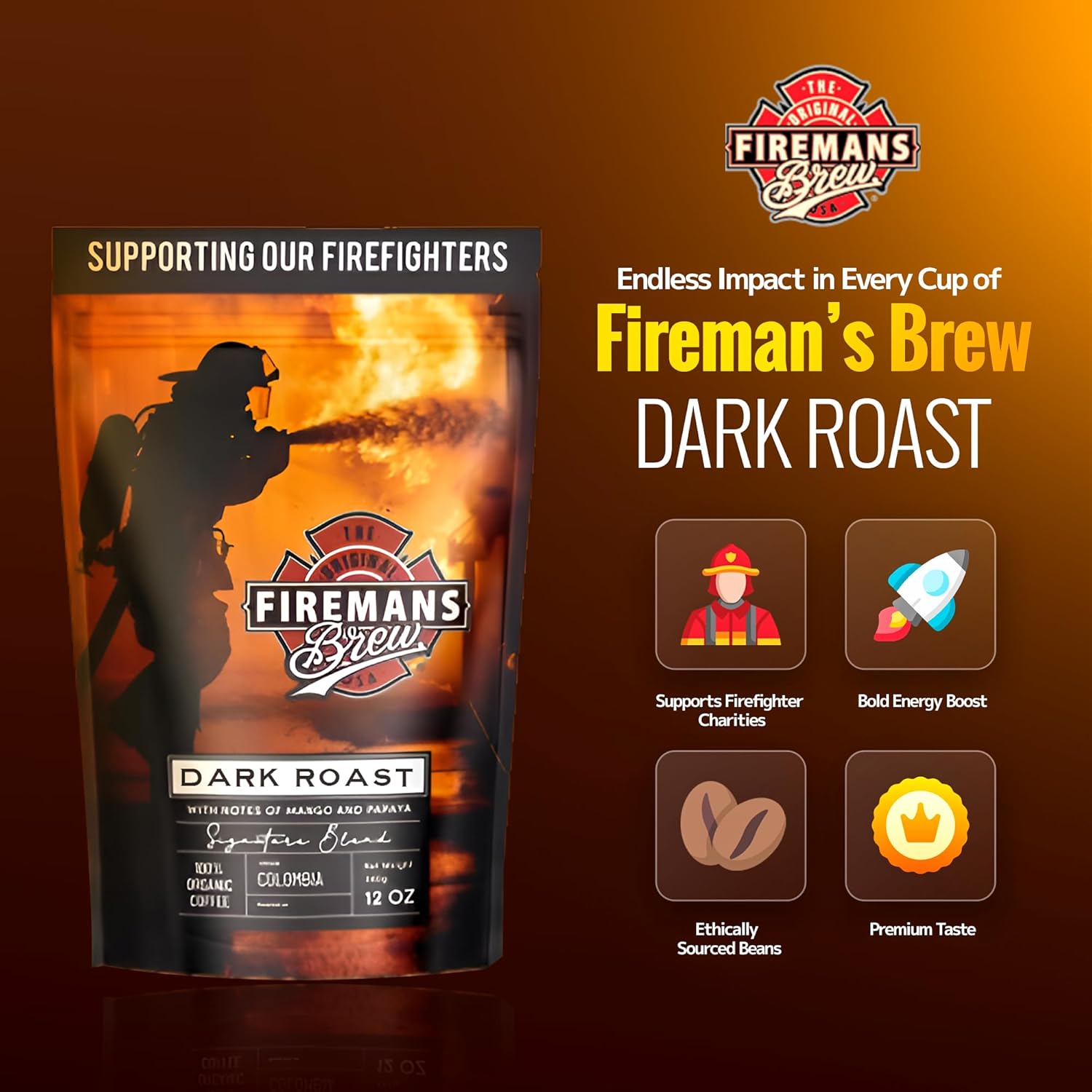 Firemans Brew Dark Roast Coffee – Bold & Robust Ground Coffee – 100% Arabica Beans, Rich, Full-Bodied Flavor – Freshly Roasted Gourmet Coffee – Low Acid, Small Batch Coffee – Supports Firefighter Causes