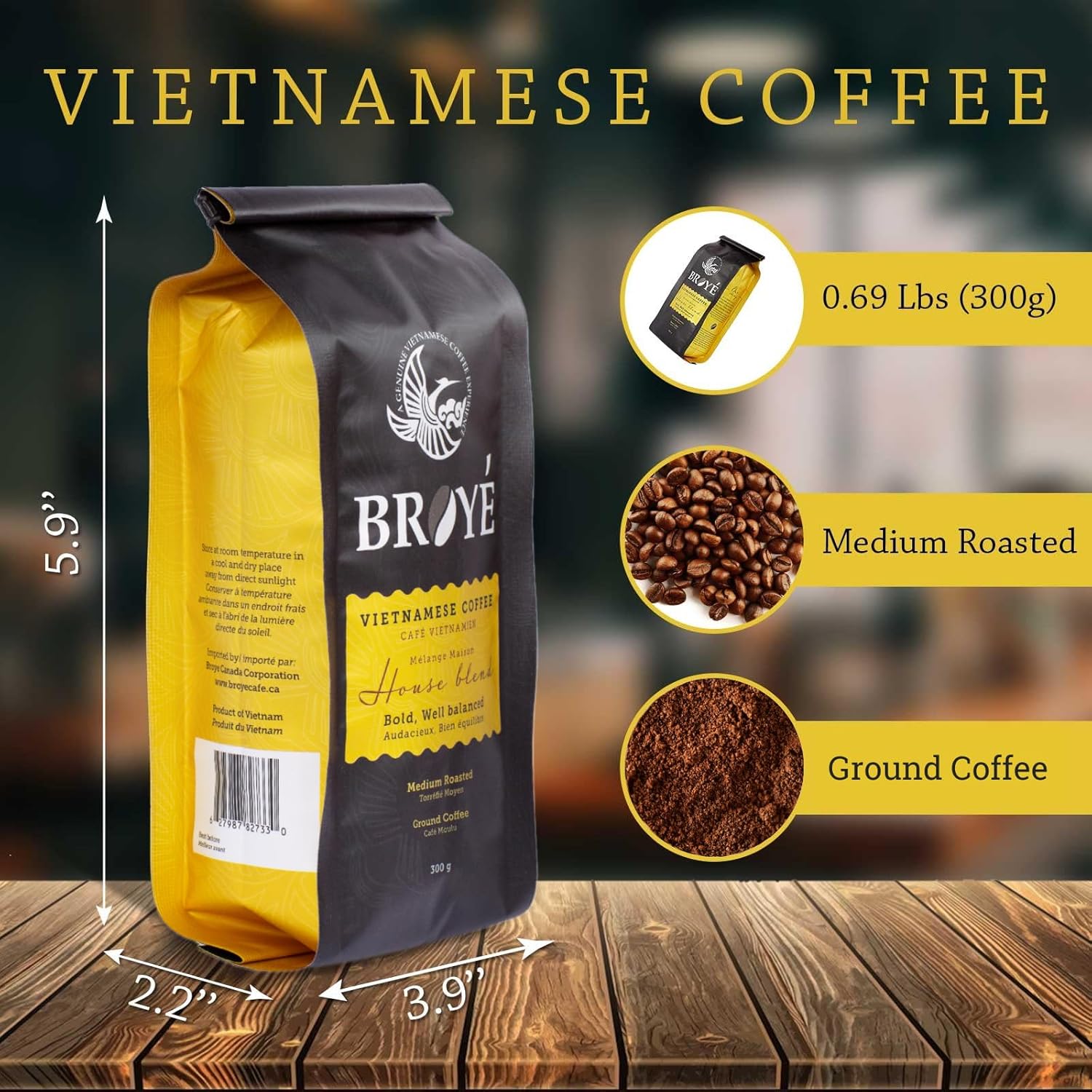 Broyé Medium Roasted Ground Coffee, Vietnamese coffee ground, ground coffee medium roast of Arabica and Robusta Coffee, Vietnamese Ground Coffee for Cold Brew and Espresso, Strong Flavor (10.5 Oz Bag)