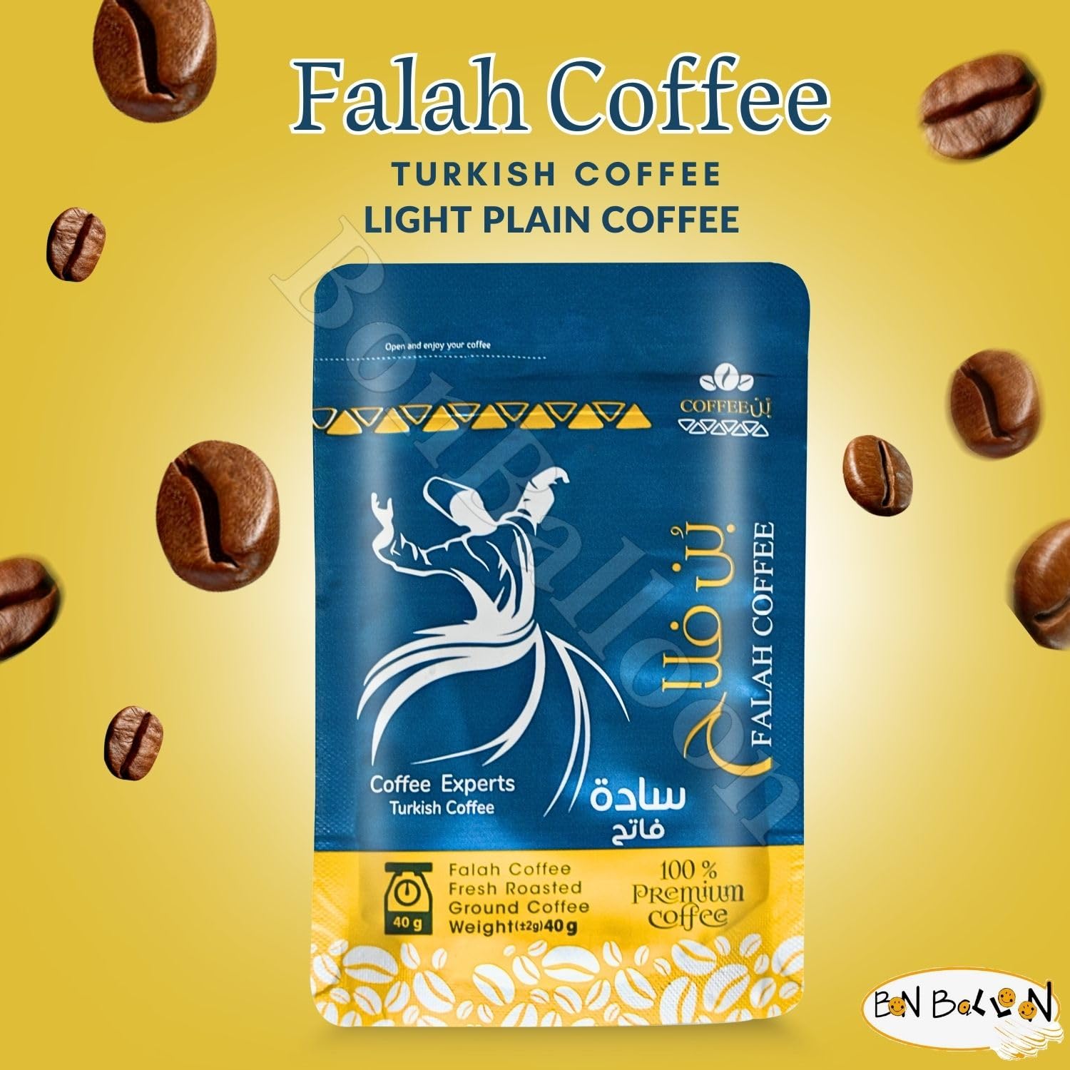 Falah Coffee Fresh Roasted Ground Plain Light Roast Premium Arabica Turkish Oriental Cafe Arabic Original Herbal Herbs Egyptian Herb Kosher Halal (1 Pack = 1.41 oz / 40 gm) بن فلاح سادة فاتح حلال