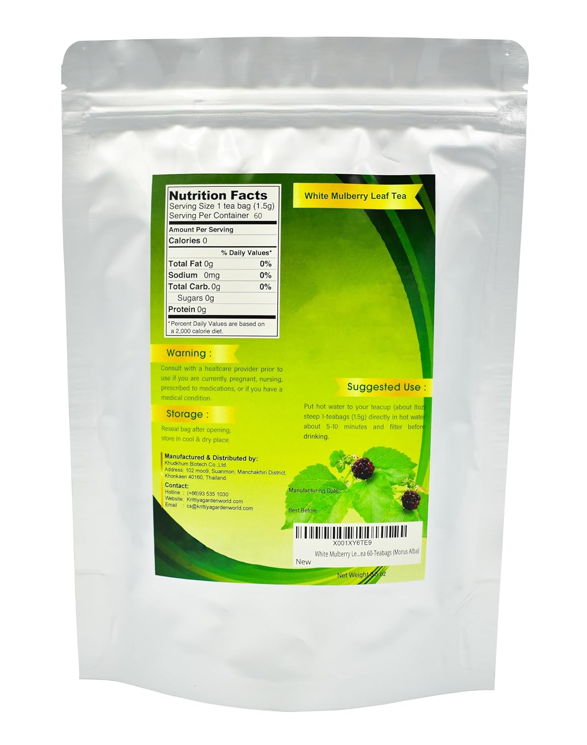 White Mulberry Leaf Tea 60-Teabags (Morus Alba) - 1.5g X 60 Tea Bags