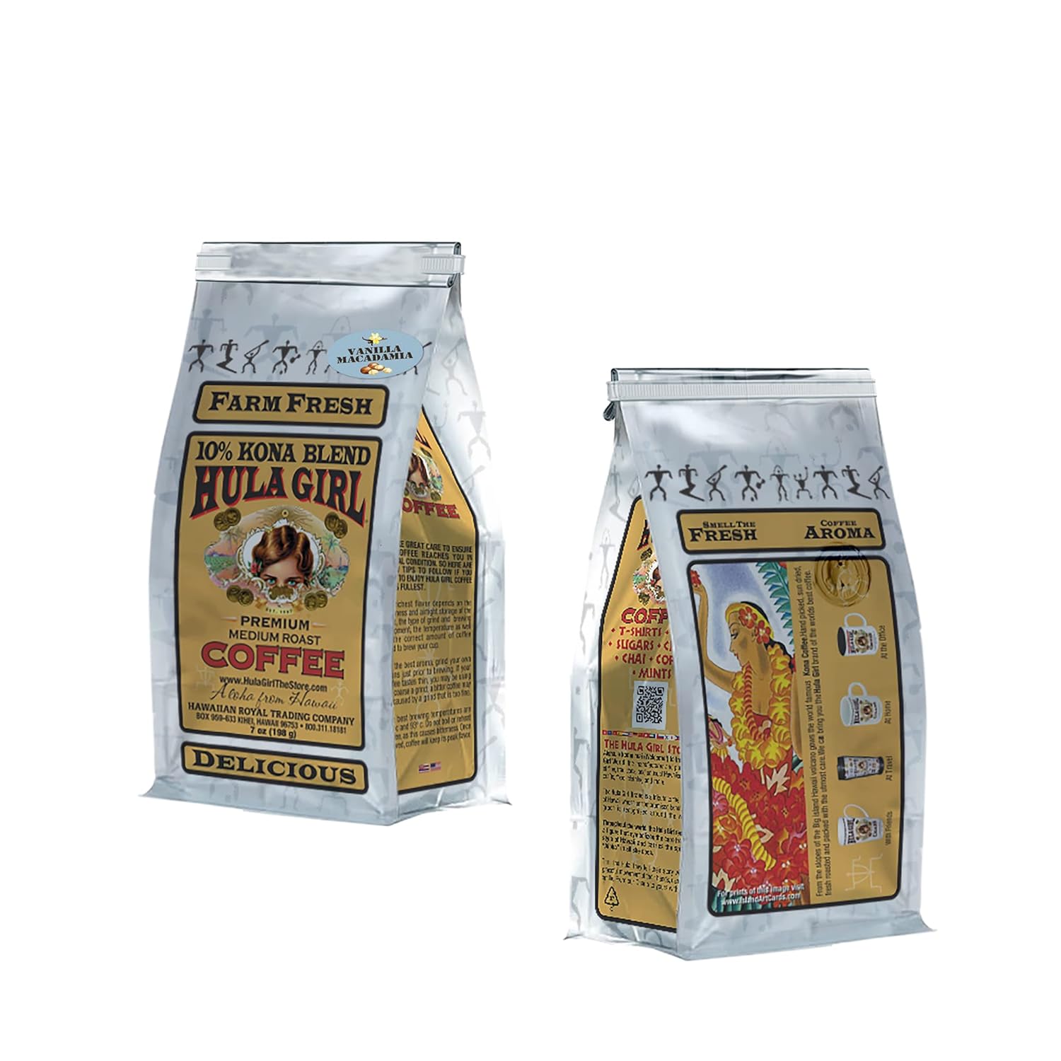 Hula Girl 10% Hawaiian Kona Coffee Blend Vanilla Mac Nut, 7 Ounce