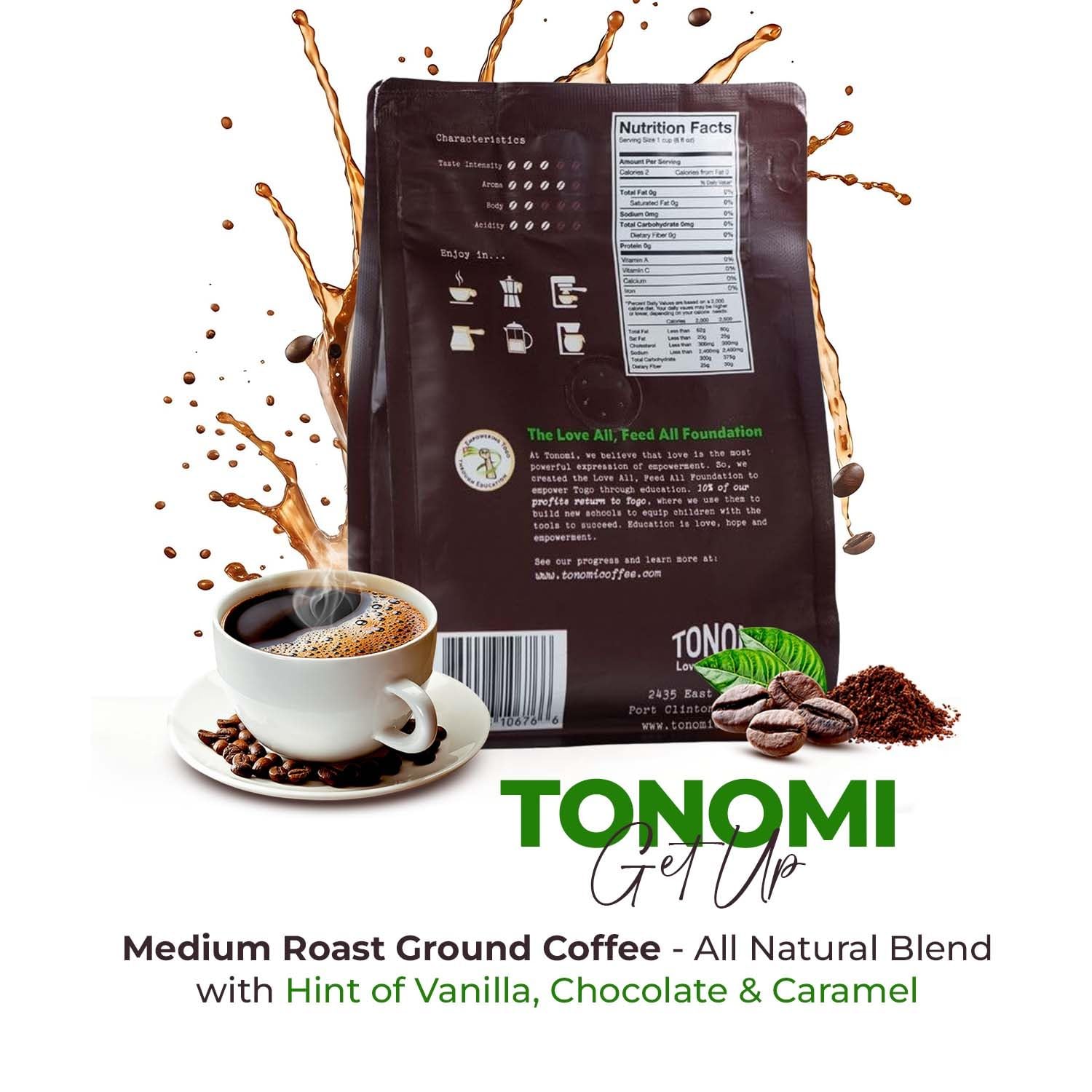 Tonomi Wake Up! Light Roast Ground Coffee - All Natural Blend with Hint of Vanilla, Chocolate & Caramel - Coarse Grounds for Cold Brew or Traditional Brewing - Caffeine Packed, 32oz