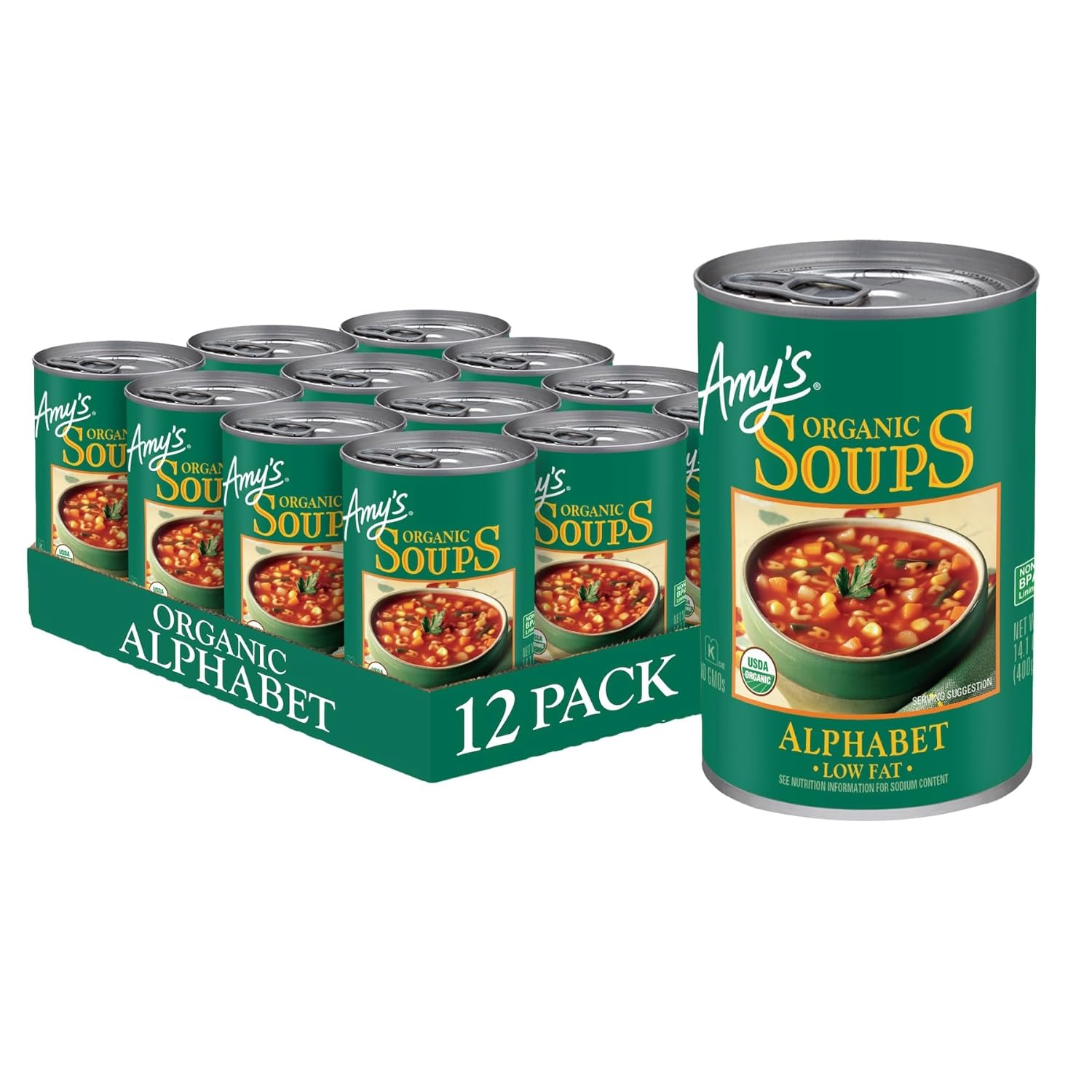 Amy’s Soup, Vegan Alphabet Soup, Low Fat, Made With Organic Potatoes, Carrots and Green Beans, Canned Soup, 14.1 Oz (12 Pack)