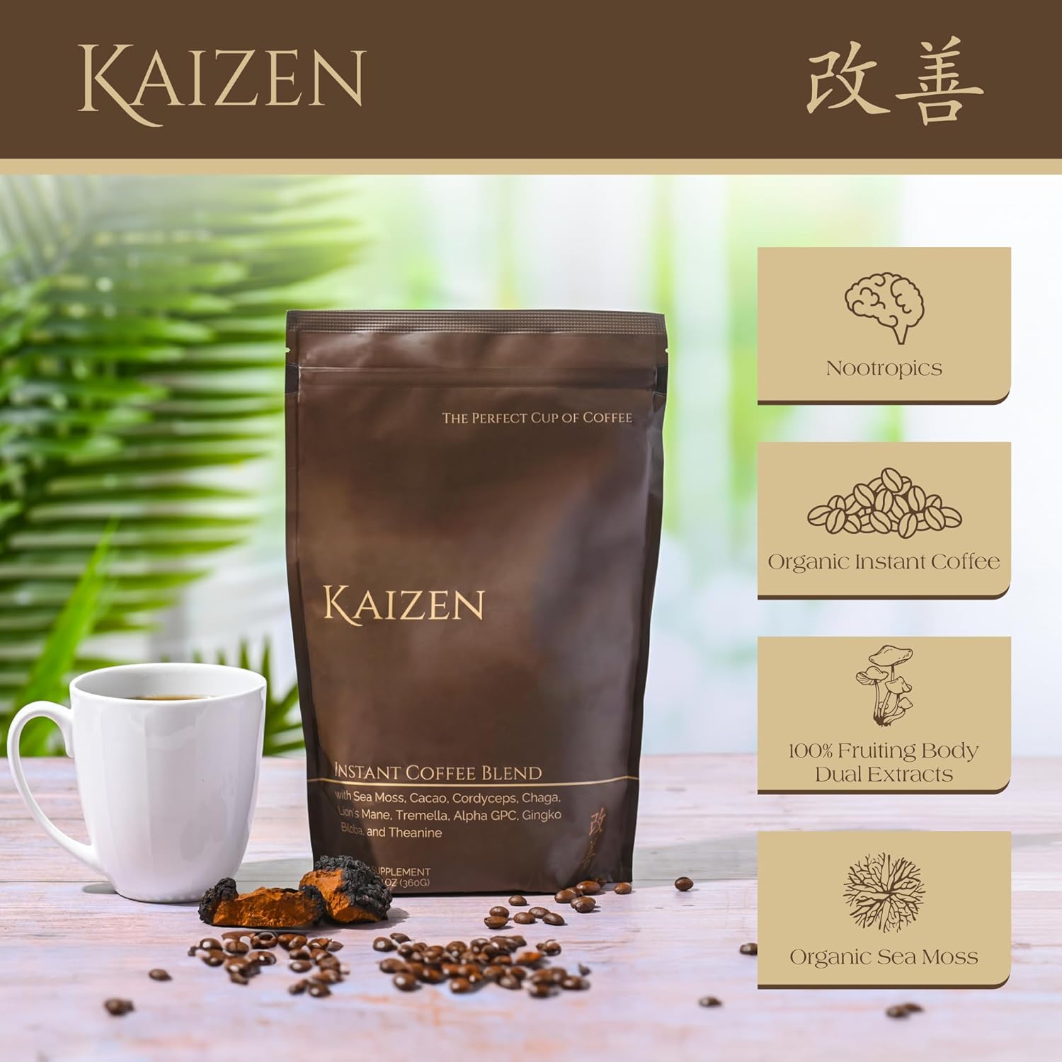 Kaizen Coffee - Premium Mushroom Nootropic Blend With Irish Sea Moss, Coffee, Mushrooms, Cacao, Theanine - Performance, Clarity, Energy, Wellness - Clean Caffeine - Adaptogenic Instant Powder - 12.7oz