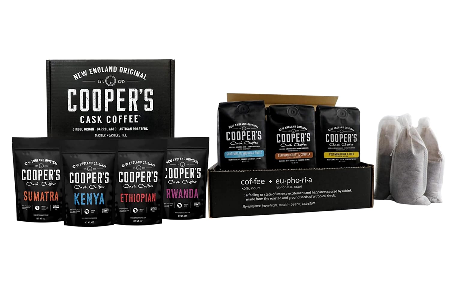Gourmet Coffee Sampler Gift Box Set - Ground Coffee - 4 bags - 1lb Total and Cold Brew Coffee Box Set (Colombian, Peruvian, Guatemalan) Ground Coarse for Cold Brew - 6 Filter Bags Included - 1.5lbs