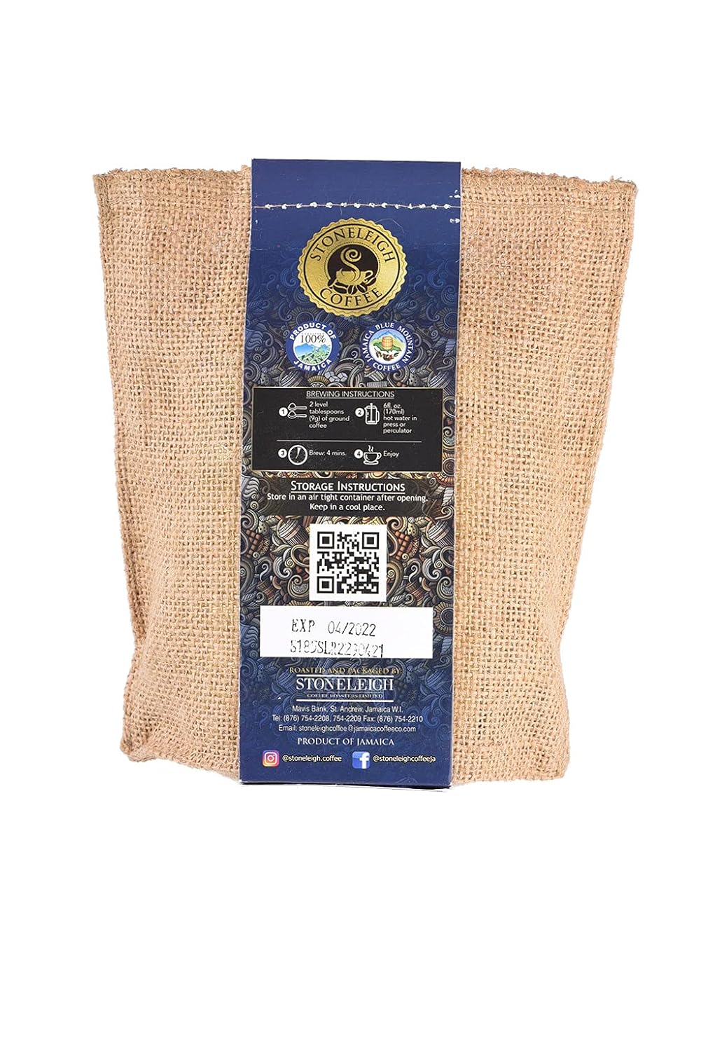 Stoneleigh Coffee – Two Pack (2) Grade A Jamaica Blue Mountain Coffee Premium Roasted & Ground - 8Ozs – 100% Genuine Jamaican Product - Traditional Jamaican Crocus (Burlap) Bag Packed Ideal for Gifting