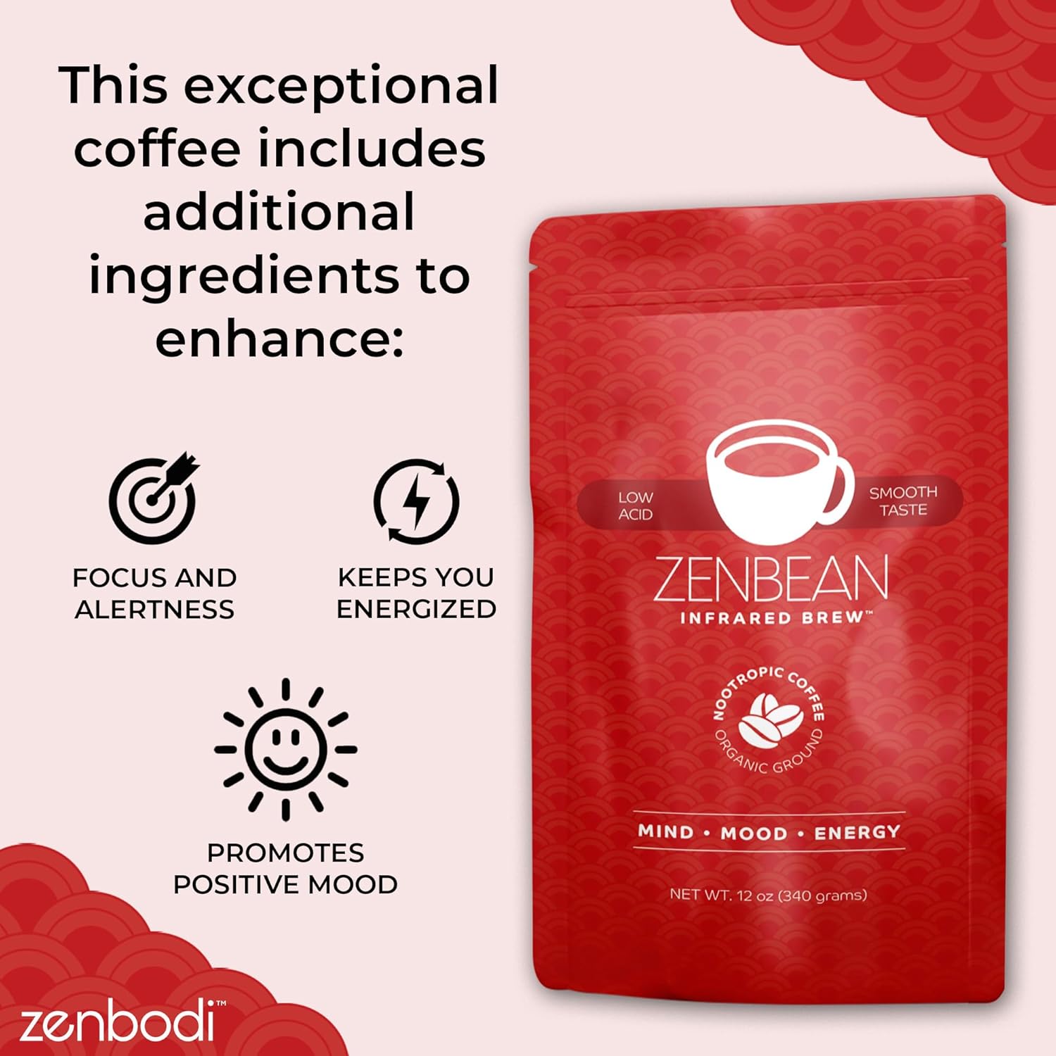 Zenbean Infrared Brew Medium Grind Low Acid Coffee - Nootropic Coffee with Rhodiola Rosea and L-Theanine, Smooth Taste, Balanced Flavor, Helps Improve Mood, Energy, and Focus