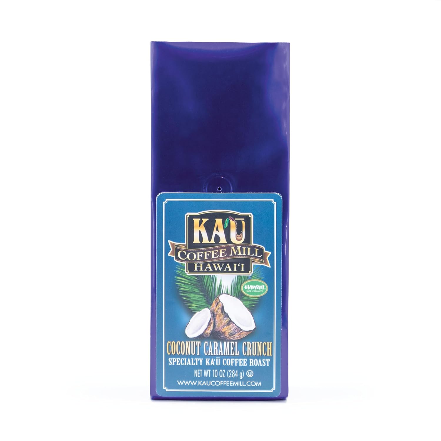 Ka'u Coffee Mill Handcrafted Coconut Caramel Crunch Flavored Coffee - Pure Kau Cafe from Hawaii Grown Arabica Beans - Gourmet Small Batch - 10oz