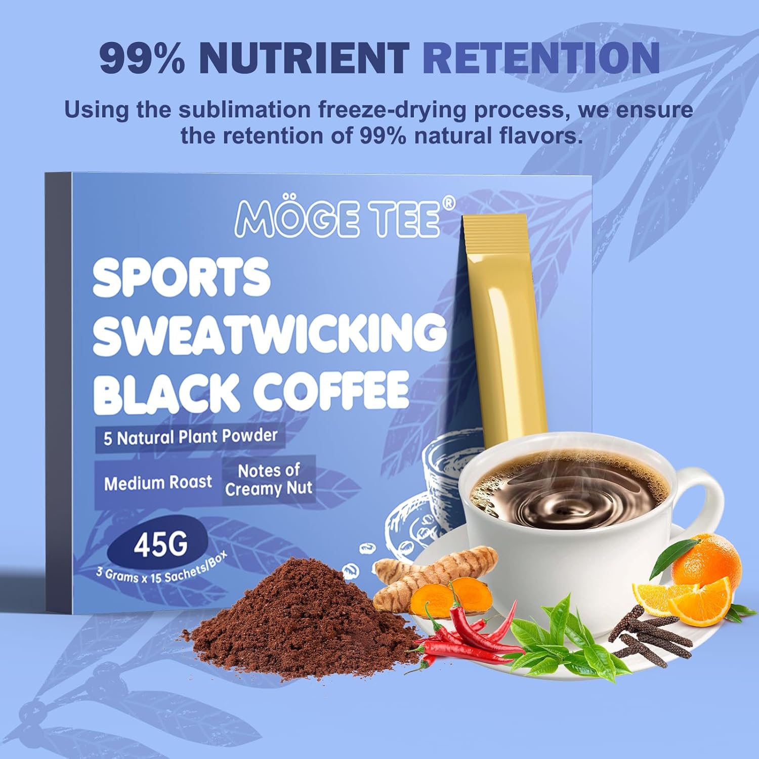 MOGE TEE 5 in 1 Sports Black Coffee, Cold Brew Arabica Coffee Bean Powder, Medium Roast Instant Ground Coffee, 15 Packets