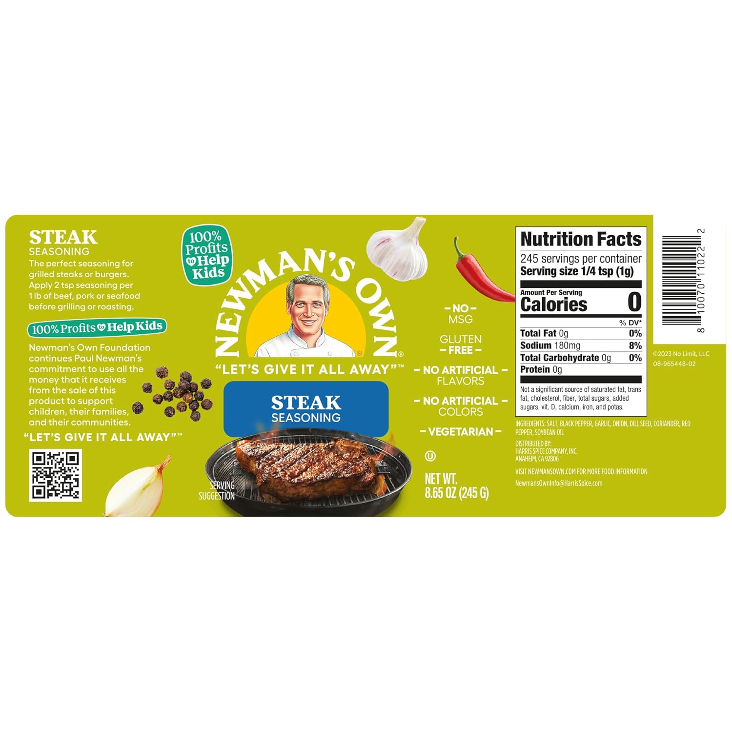 Newman's Own Steak Seasoning; Perfect Spices for Cooking Ribeye, Tri Tip, Pork Ribs, Bacon, Chicken, Ham, and Ground Turkey; No MSG, Gluten Free; Kosher; 8.65 Oz. Bottle