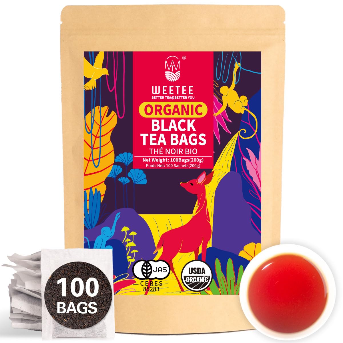 WT WEETEE Organic White Tea Bags, Organic Pure White Tea 100 Count, Mellow & Smooth, Perfect for Hot or Iced Tea
