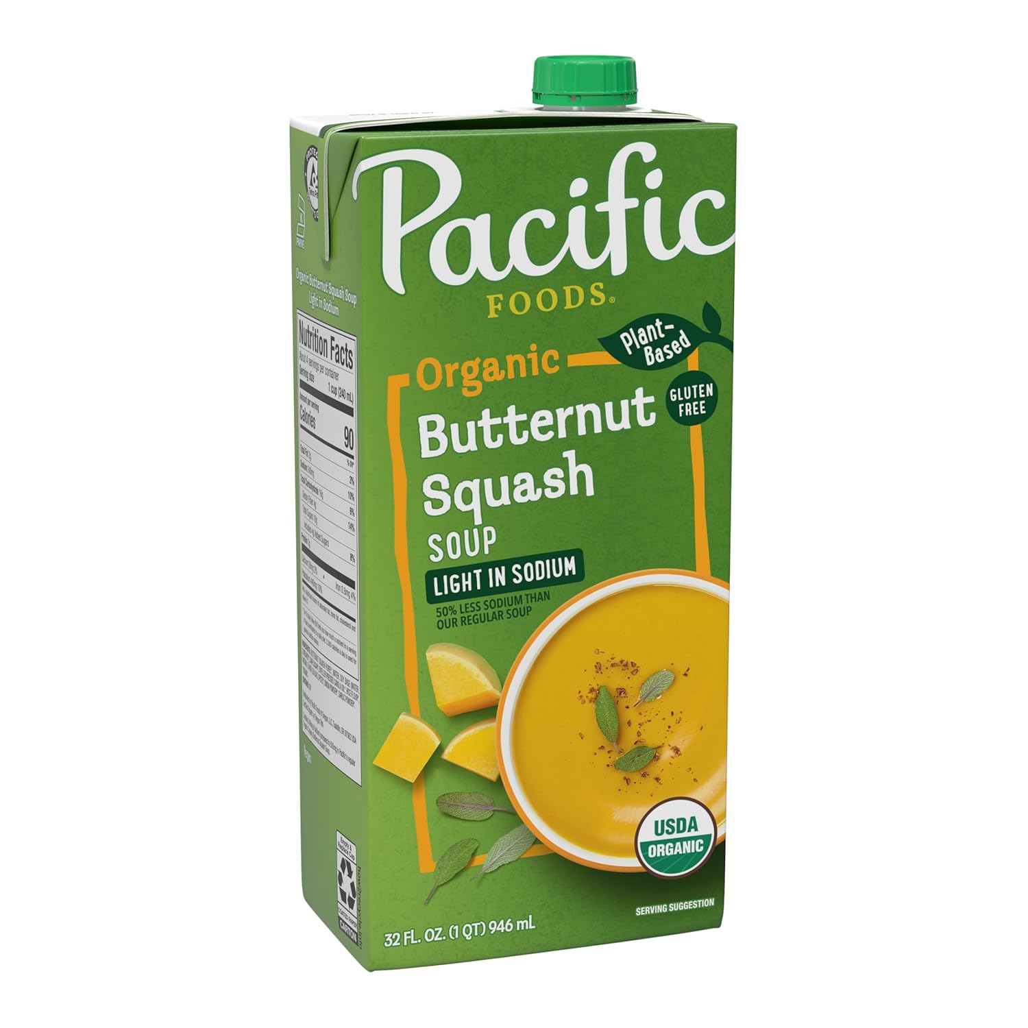 Pacific Foods Organic Butternut Squash Soup, Plant Based Light Sodium Soup, 32 oz Carton
